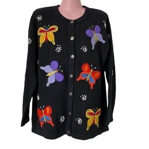 Quacker Factory Christmas Sweater Women's Small Butterflies Black
